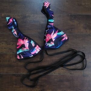 Victoria's Secret PINK Body Wrap Ruffle Bikini Top Black Tropical Size Large